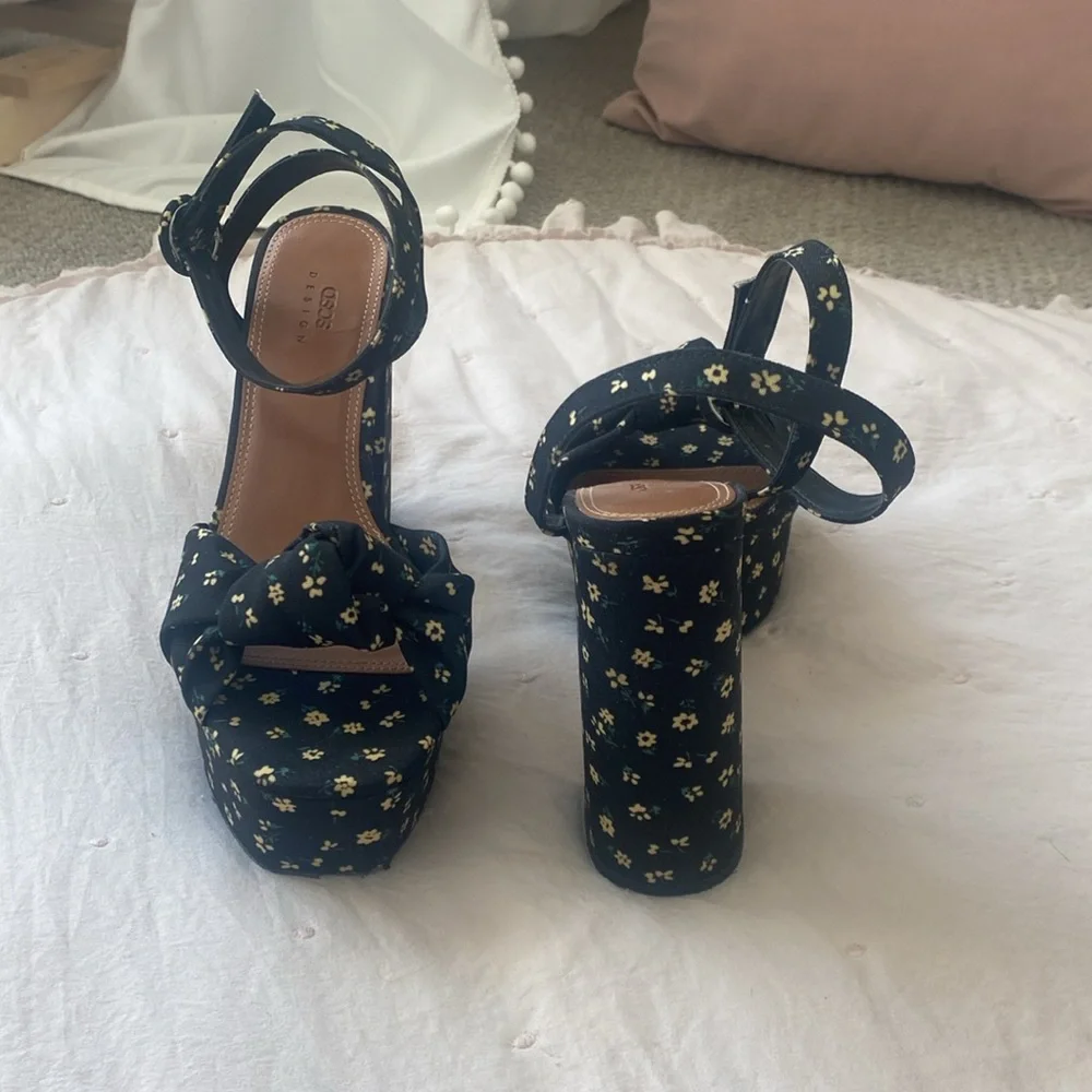 ASOS Floral Platform Block Heels with Ankle Strap